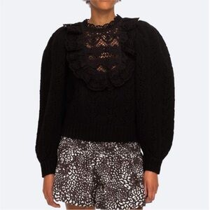 Sea New York Patrizia Lace Combo Chunky Knit Puff Sleeve Sweater Black Small